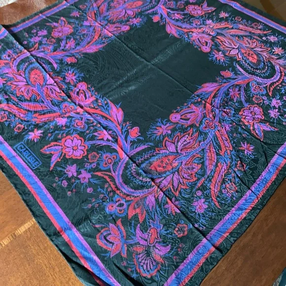 Carlisle Black Scarf with Purple and Pink Floral Accents silk 32“ x 32“ - Picture 5 of 8